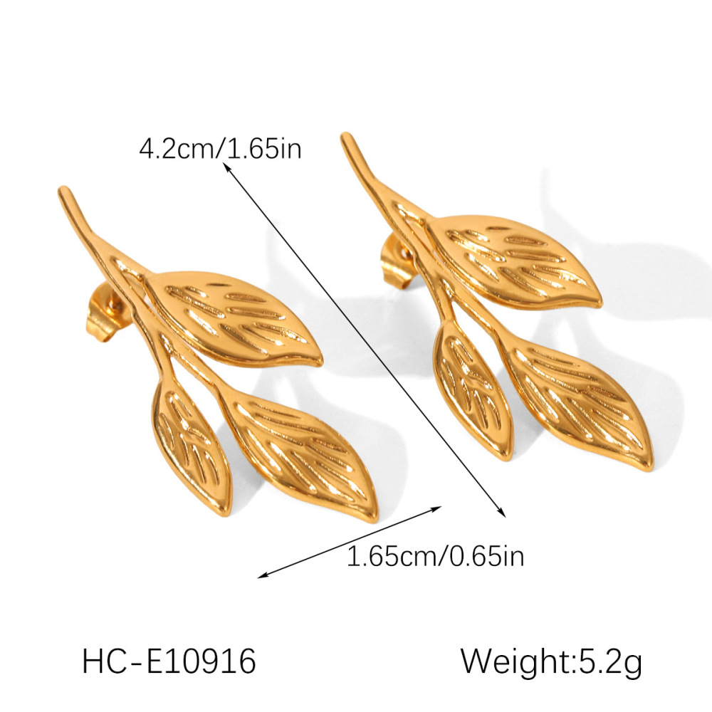 Boucles D'Oreilles Puces Pour Femme, En Acier Inoxydable Doré, Motif Feuille Simple, Imperméables, 1 Paire h5Image2