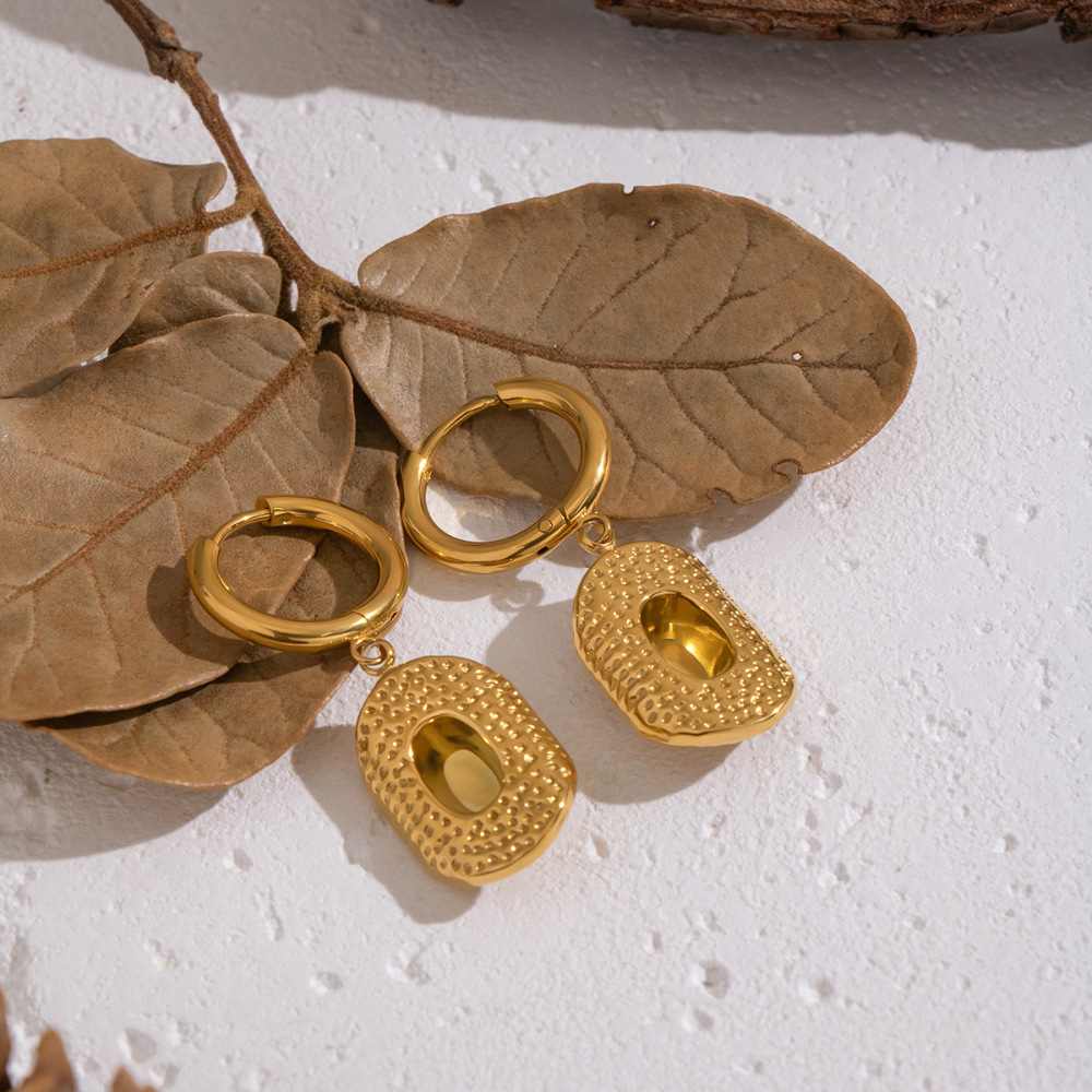 1 Paire De Boucles D'Oreilles Pendantes Ethniques En Acier Inoxydable Doré, Imperméables, À Motif Martelé h5Image3