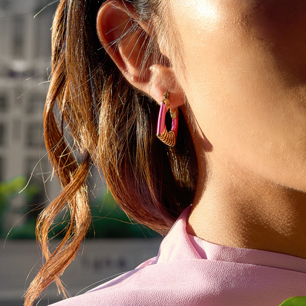 1 Paire De Boucles D'Oreilles Créoles Rectangulaires Rose Éclatant En Acier Inoxydable Étanche Couleur Or Pour Femme Image4