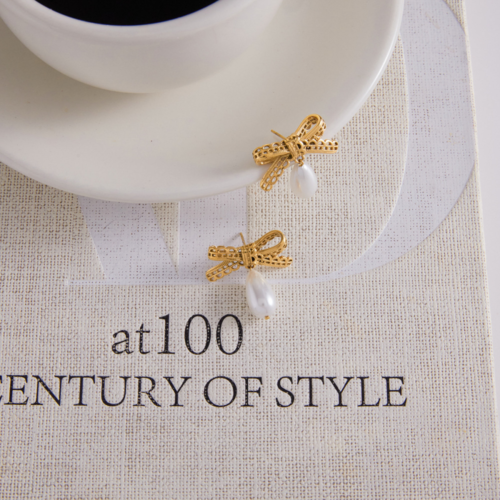 Boucles D'Oreilles Pendantes Romantiques En Acier Inoxydable Doré, Avec Nœud Papillon, Pour Femme (1 Paire). h5Image5