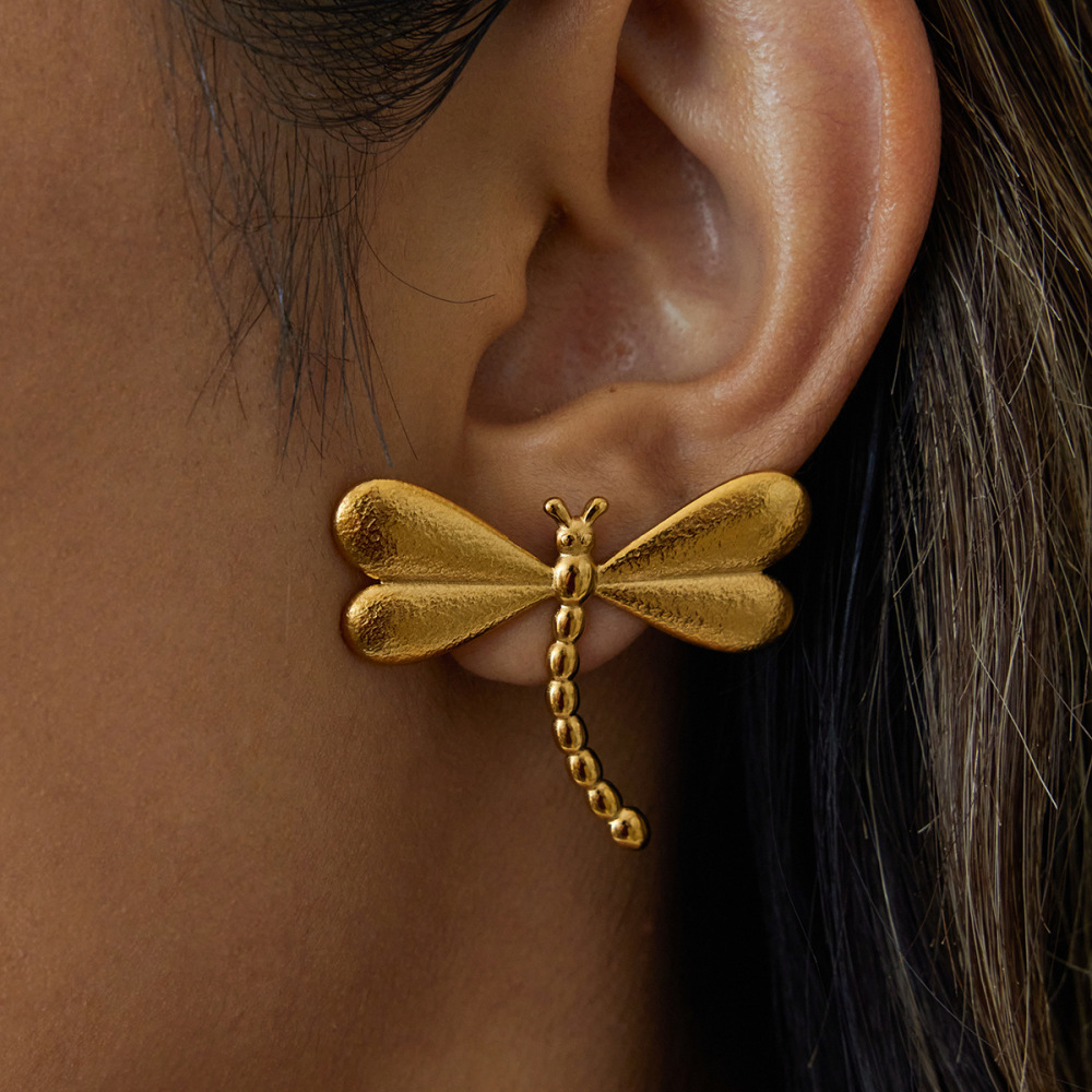1 Paire De Magnifiques Boucles D'Oreilles Puces Libellule En Acier Inoxydable Étanche Couleur Or Pour Femme Image3