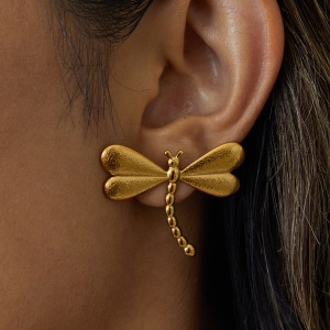 1 Paire De Magnifiques Boucles D'Oreilles Puces Libellule En Acier Inoxydable Étanche Couleur Or Pour Femme h5 Image3