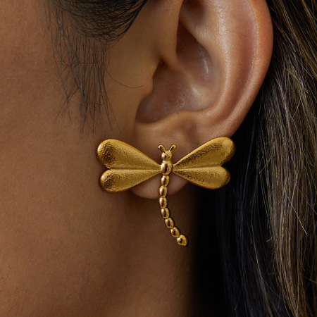 1 paire de magnifiques boucles d'oreilles puces libellule en acier inoxydable étanche couleur or pour femme 2