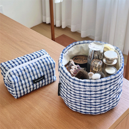 Trousse de maquillage simple et décontractée à carreaux bleus pour femme, 1 pièce
