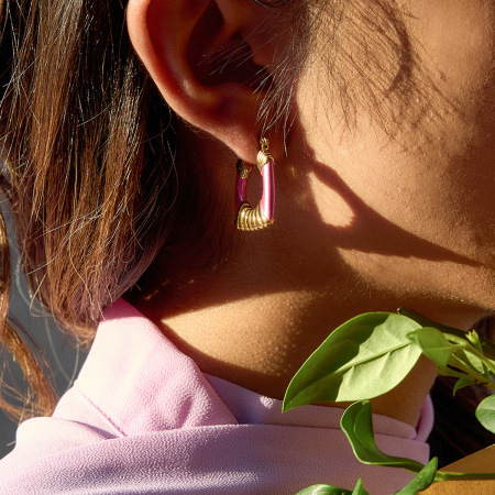 1 paire de boucles d'oreilles créoles rectangulaires rose éclatant en acier inoxydable étanche couleur or pour femme 2