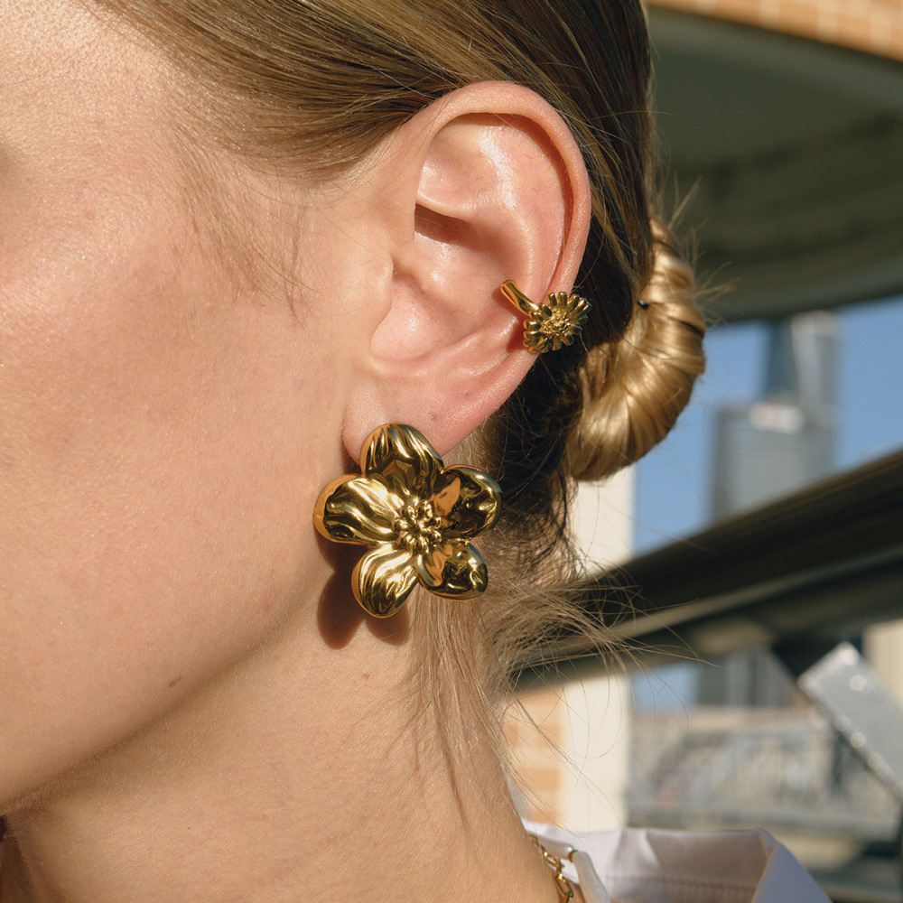1 Paire De Manchettes D'Oreilles Sophistiquées En Acier Inoxydable, Couleur Or, À Motif Floral. Image2