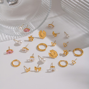 1 Paire De Boucles D'Oreilles En Acier Inoxydable Doré Imperméable Avec Zircon. h5 Image2