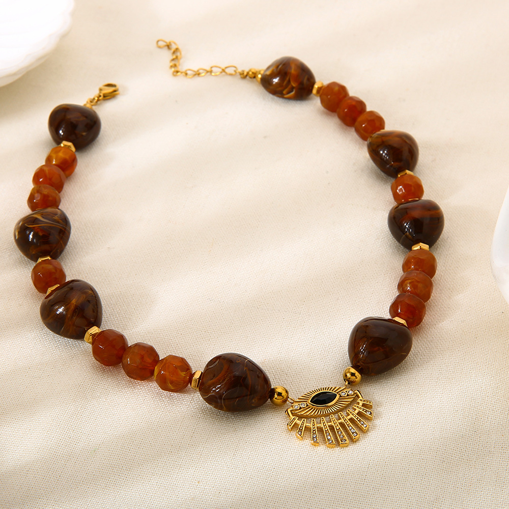 Collier De Perles Rétro Œil De Diable Pour Femme, En Acier Inoxydable Étanche, Couleur Or (1 Pièce) Image3