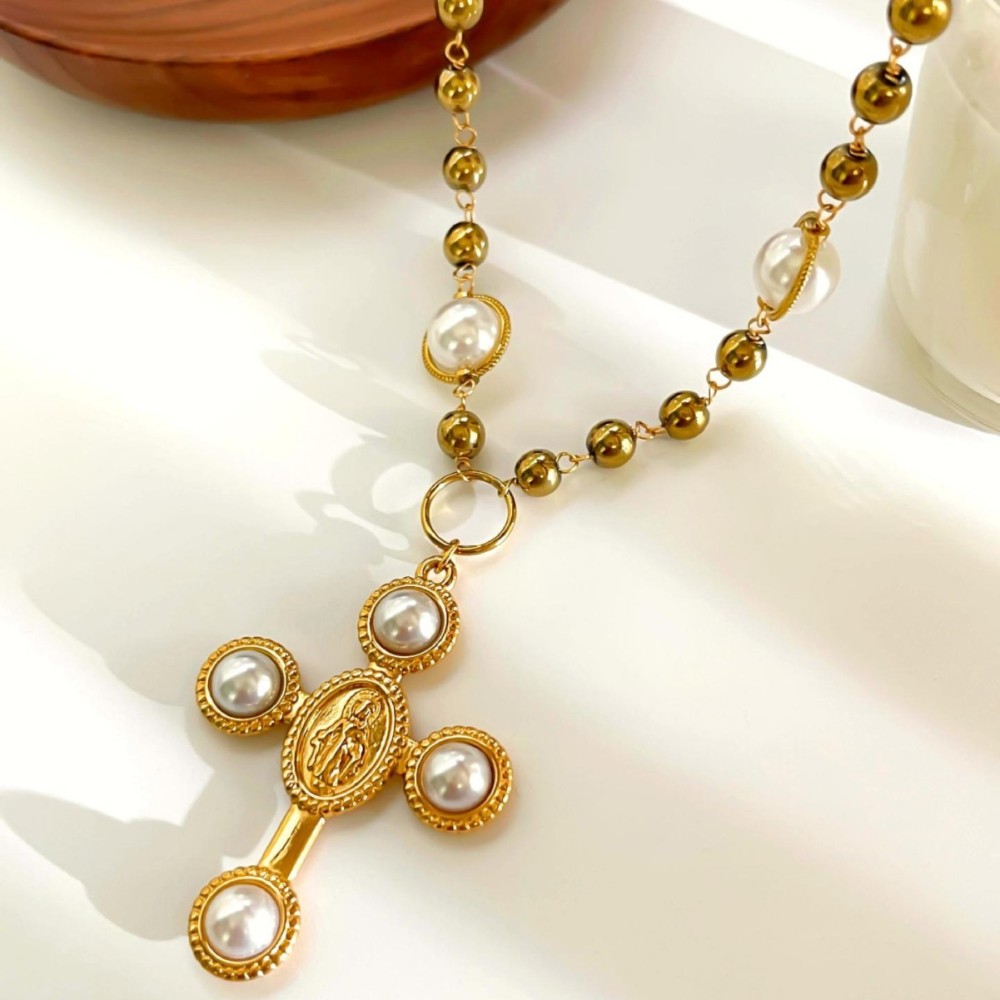 Collier De Perles Artificielles Couleur Or, 1 Pièce, Croix Image5