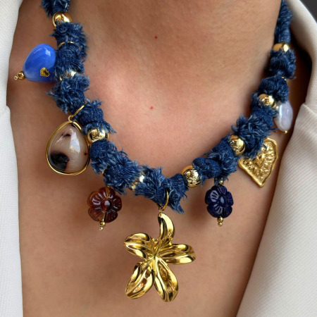 Collier pendentif en tissu couleur or en résine avec cœur et fleur, 1 pièce 2