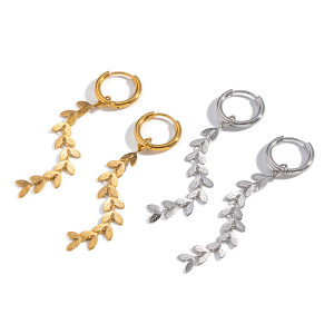 Boucles D'Oreilles Pendantes Décontractées À Pompons Et Feuilles, En Acier Inoxydable Étanche, Couleur Or (1 Paire). h5 Image5