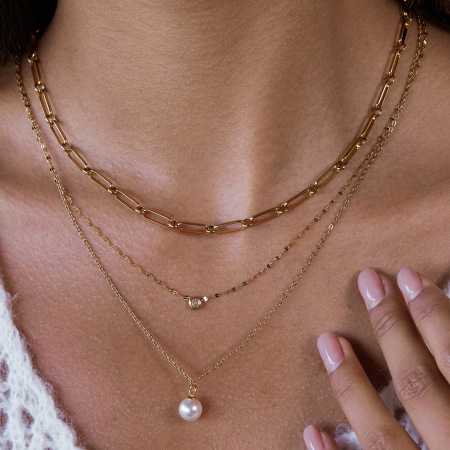 Collier pendentif élégant pour femme, en acier inoxydable, couleur or, avec perle et étanchéité (1 pièce) 2
