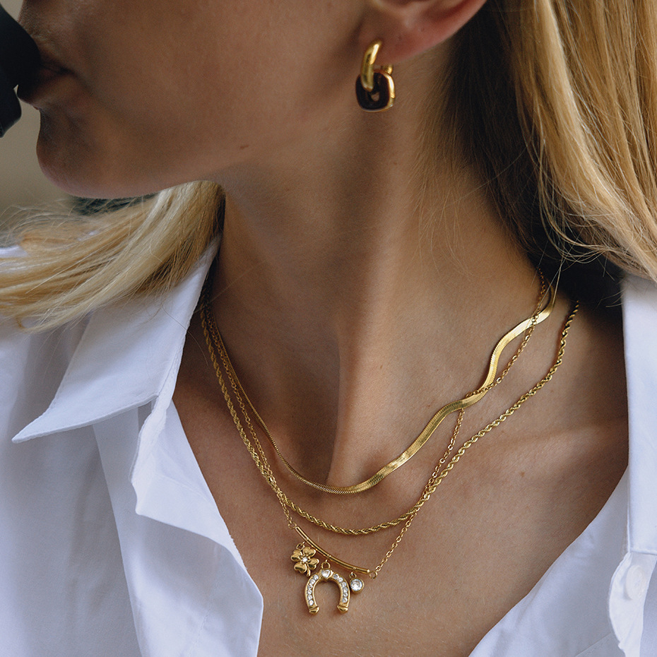 Ensembles De Bijoux Pour Femmes En Acier Inoxydable Imperméable En Forme De Fer À Cheval, Couleur Or, Avec Zircon. Image5
