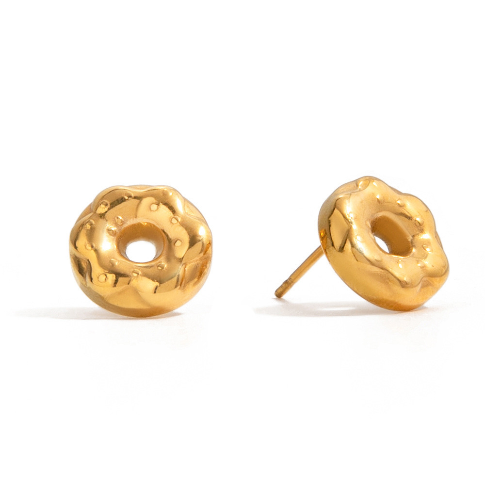 1 Paire De Boucles D'Oreilles Puces Pour Femme, En Acier Inoxydable Étanche, Couleur Or, En Forme De Donut Mignon. 