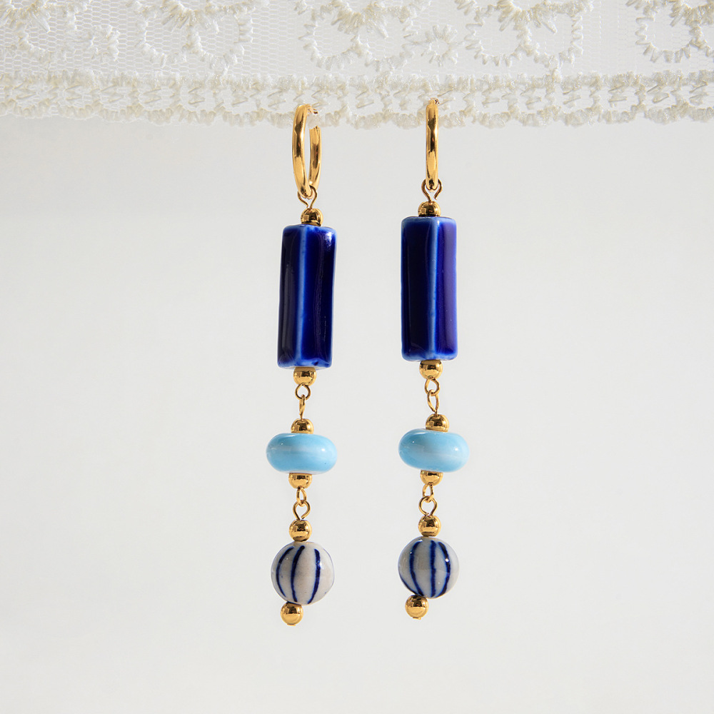 Boucles D'Oreilles À Perles Pour Femme, 1 Paire, En Céramique Bleue, Acier Inoxydable, Étanches, Couleur Or, Fabriquées À La Main. h5Image5