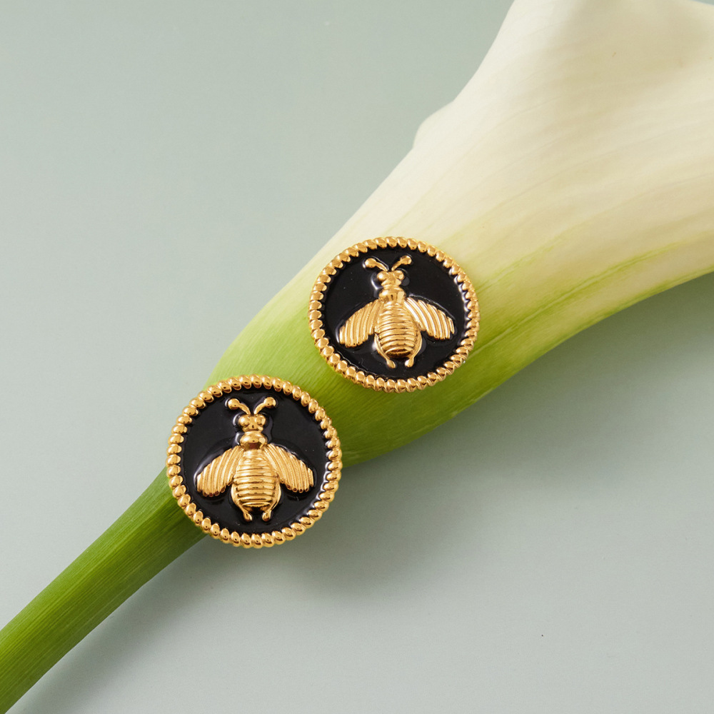 1 Paire De Magnifiques Boucles D'Oreilles À Clous Pour Femme, En Acier Inoxydable Doré, Motif Abeille. h5Image4
