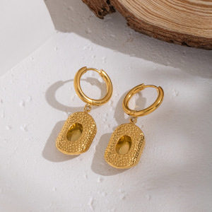 1 Paire De Boucles D'Oreilles Pendantes Ethniques En Acier Inoxydable Doré, Imperméables, À Motif Martelé h5 Image2