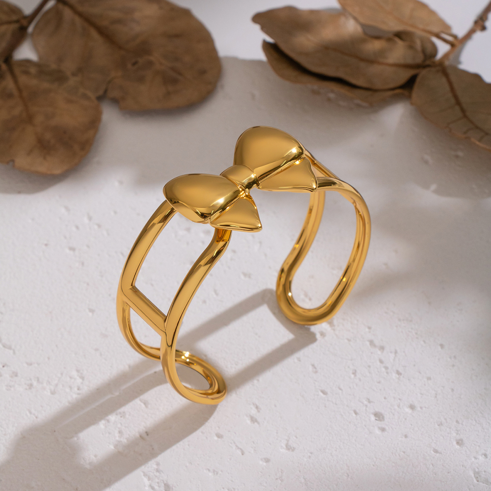 Bracelet Manchette En Acier Inoxydable Doré, Étanche, Avec Nœud Papillon (1 Pièce). Image4