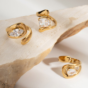 Bague Pour Femme En Acier Inoxydable Doré, Forme Simple Et Irrégulière, Étanche, Ornée D'Une Pierre Précieuse. h5 Image5