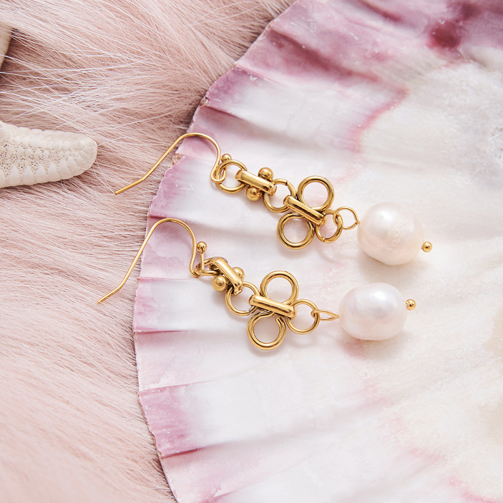 Boucles D'Oreilles Pendantes Élégantes En Acier Inoxydable Doré, Imperméables, Avec Perles, Pour Femme (1 Paire). Image9