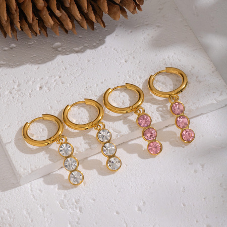 1 paire de boucles d'oreilles pendantes en acier inoxydable étanche, couleur or, avec zircon. 2