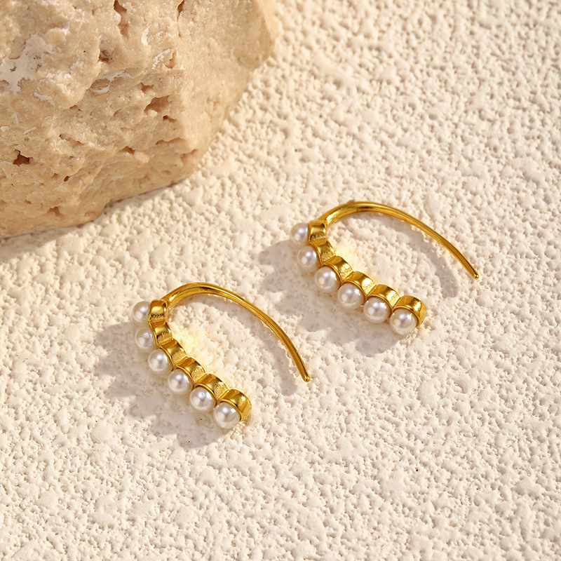 1 Paire De Boucles D'Oreilles Puces En Acier Inoxydable Imperméable, Forme Irrégulière, Couleur Or Et Perle Image3