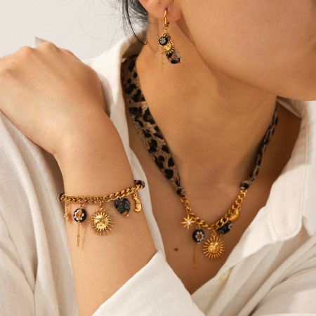 Ensemble de bijoux pour femme en acier inoxydable doré, motif fleur et soleil (1 pièce)