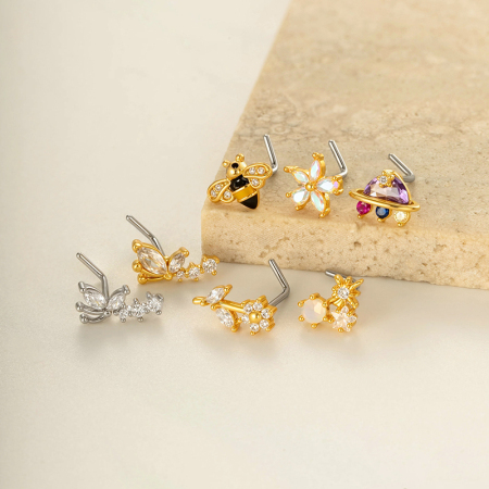 1 pièce de piercing de nez en forme de fleur et de papillon en cuivre doré et zircon