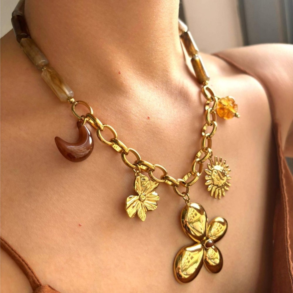 Collier Pendentif En Résine En Forme De Fleur, Soleil Et Lune, 1 Pièce Image3