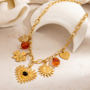 Collier Pendentif Femme En Acier Inoxydable Étanche, Motif Fleur, Cœur Et Soleil, À Faire Soi-Même (1 Pièce) h5 Image4