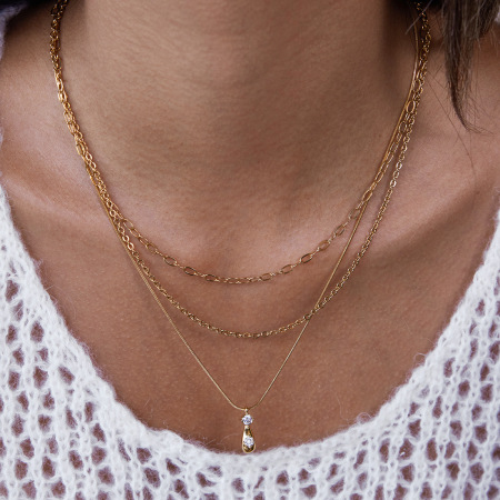 Collier à plusieurs rangs pour femme, en acier inoxydable doré, orné d'un zircon, orné d'une goutte classique (1 pièce)