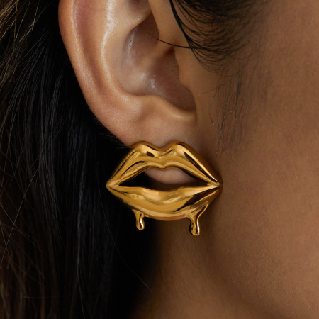 1 paire de boucles d'oreilles puces classiques en forme de lèvres, en acier inoxydable étanche, couleur or, pour femme 2