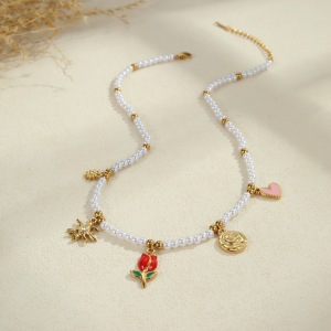 Collier Pendentif Femme Étanche En Acier Inoxydable Avec Pendentif Cœur Et Fleur (1 Pièce) h5 Image4