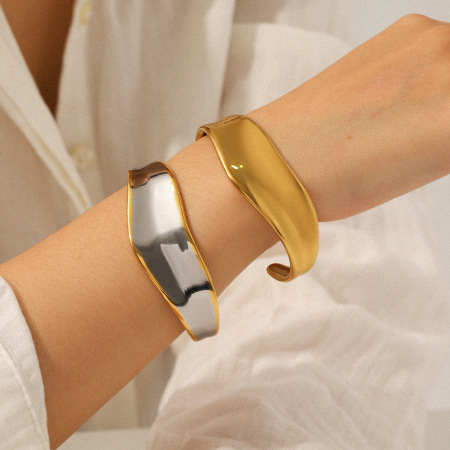 Bracelet jonc pour femme, 1 pièce, en acier inoxydable de forme irrégulière, couleur or, étanche 2