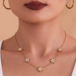 Magnifiques Ensembles De Bijoux Pour Femmes En Acier Inoxydable, Étanches, Couleur Or Et Zircon, Ornés De Fleurs h5 Image4