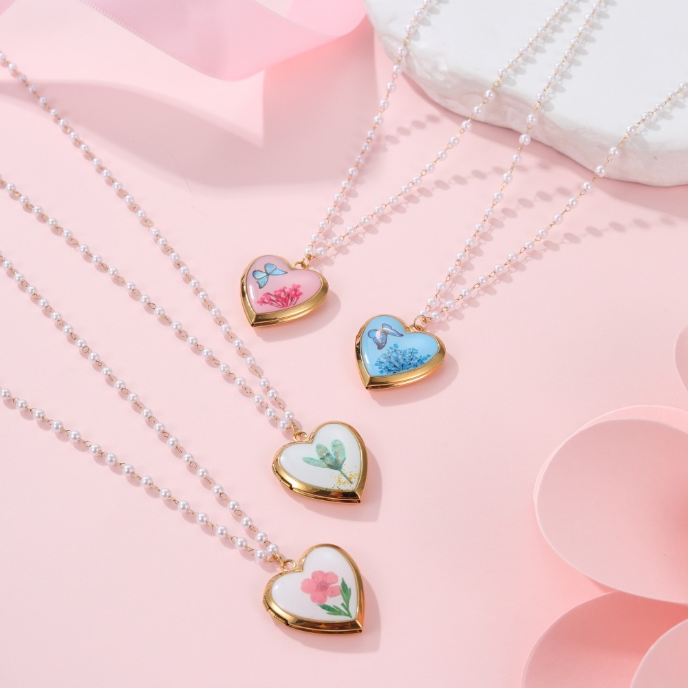Collier Pendentif Femme En Acier Inoxydable Doré, Motif Cœur Et Fleur (1 Pièce) Image3