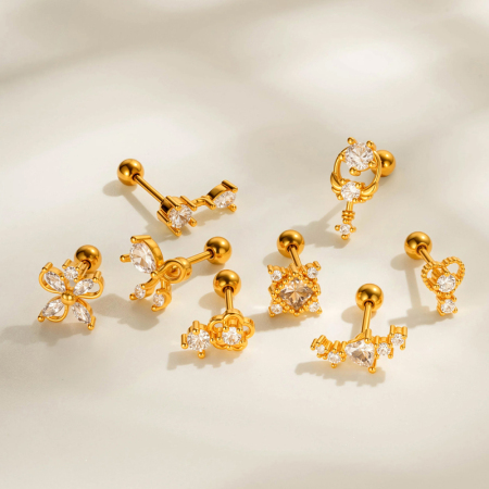 Boucle d'oreille piercing en forme de cœur et de fleur en cuivre doré et zircon