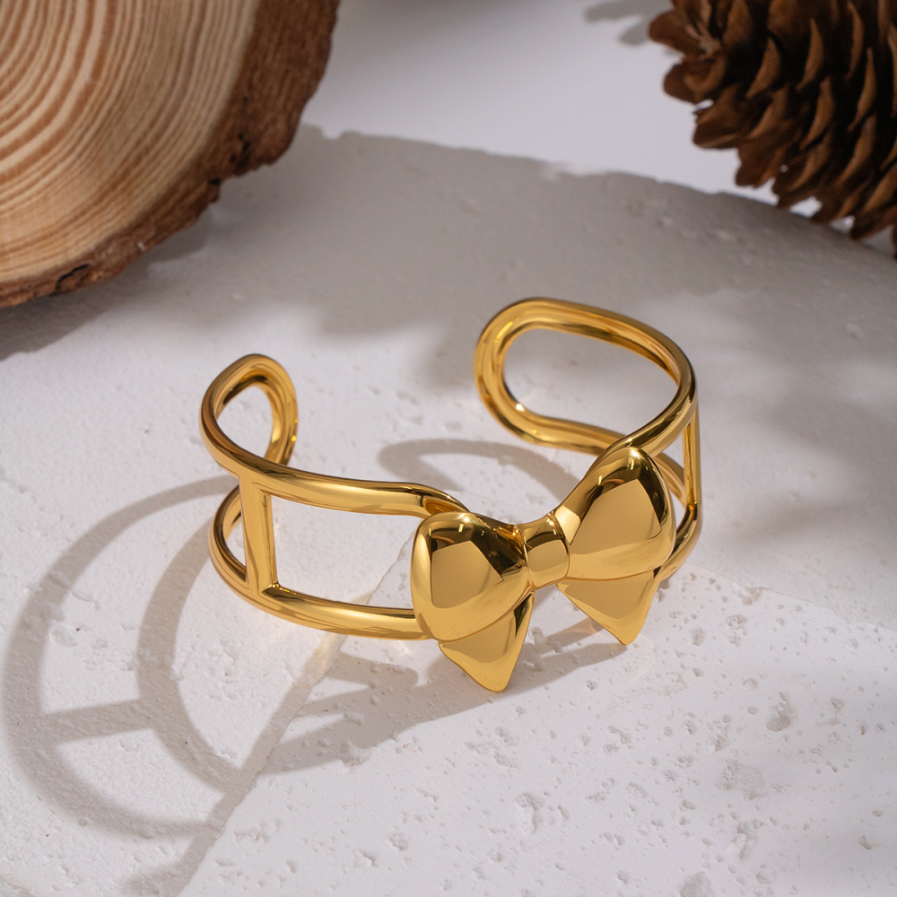 Bracelet Manchette En Acier Inoxydable Doré, Étanche, Avec Nœud Papillon (1 Pièce). Image3