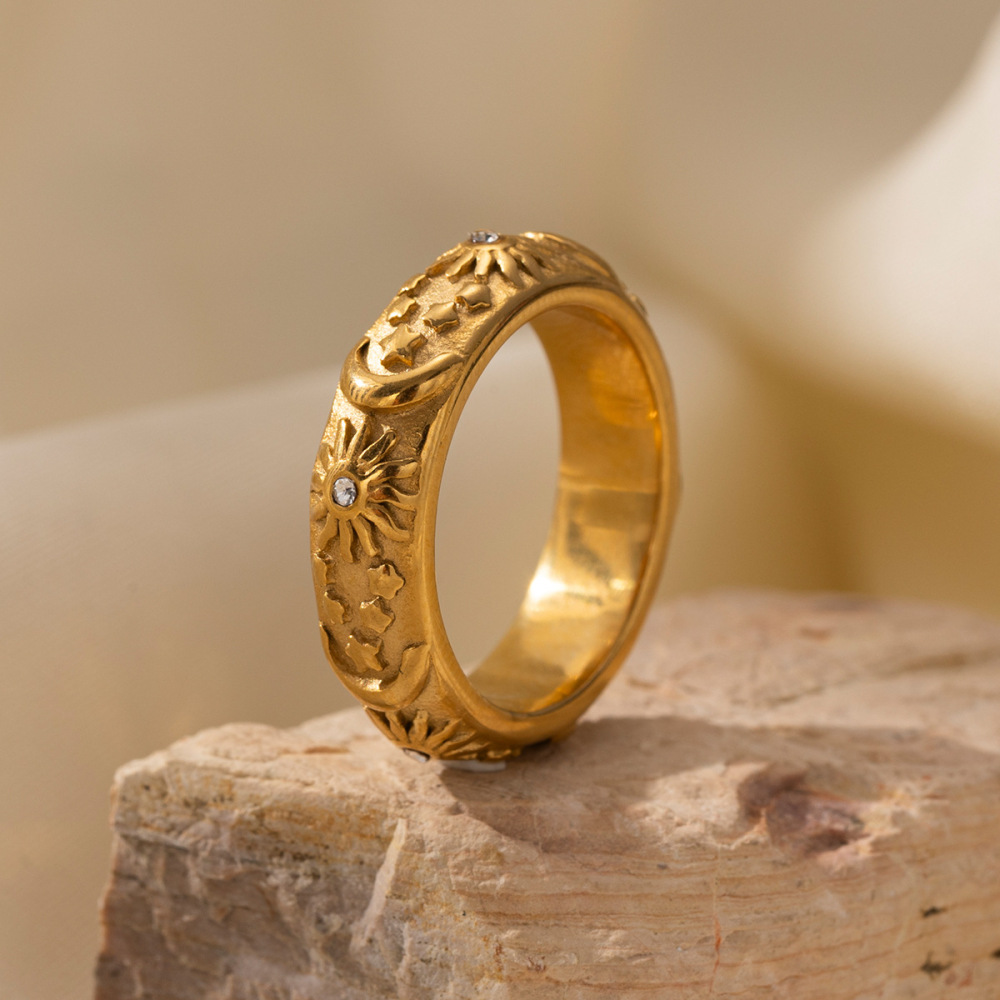 Bague Statement En Acier Inoxydable Doré, 1 Pièce, Motif Fleur Image4