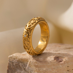 Bague Statement En Acier Inoxydable Doré, 1 Pièce, Motif Fleur h5 Image4