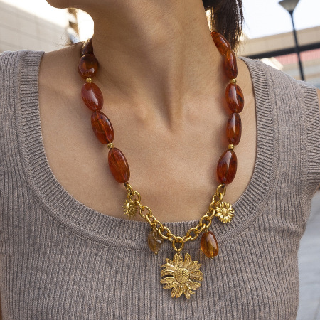 Collier de perles en acrylique couleur or en acier inoxydable avec fleur, 1 pièce 2