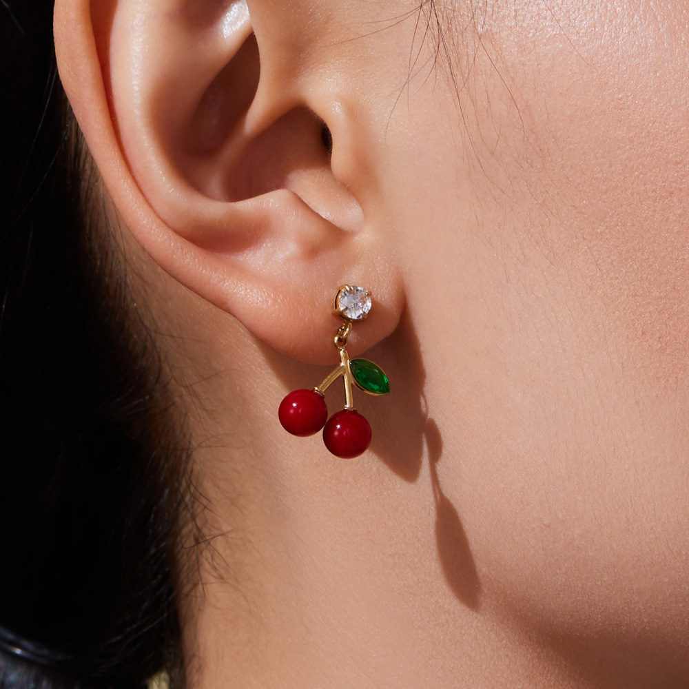 Ensembles De Bijoux Fantaisie Pour Femmes En Acier Inoxydable, Imperméables, Couleur Or Et Zircon, Avec Motif Cerise. Image6