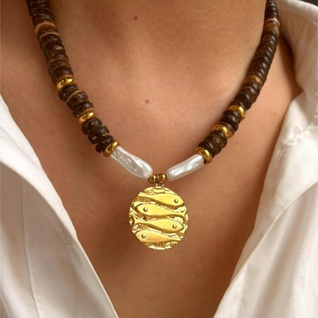 Collier pendentif en perles de bois 1 pièce