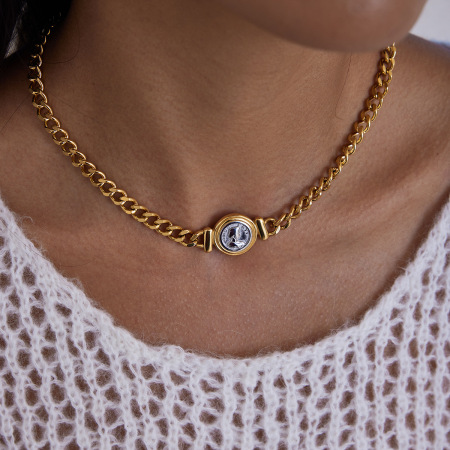 Collier chaîne femme étanche en acier inoxydable, coloris or et argent, motif simple 2