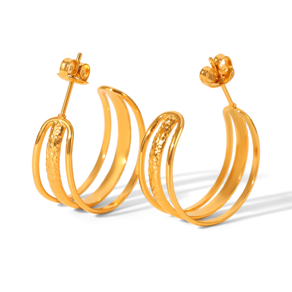 1 Paire De Boucles D'Oreilles Créoles En Acier Inoxydable Doré, Ajourées En Forme De C Et Étanches. 