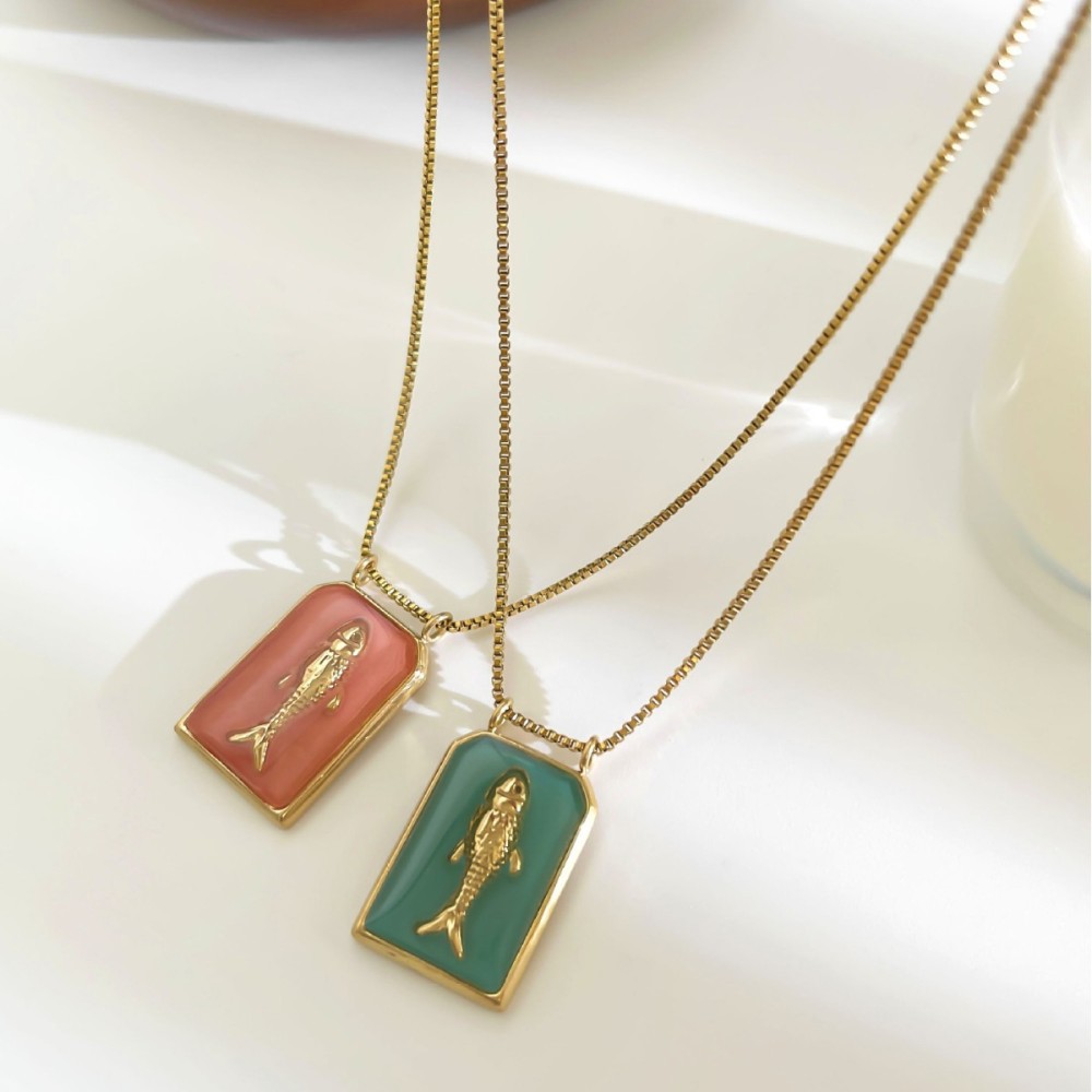 Collier Pendentif En Acier Inoxydable, Émail Doré, 1 Pièce, En Forme De Poisson Image5