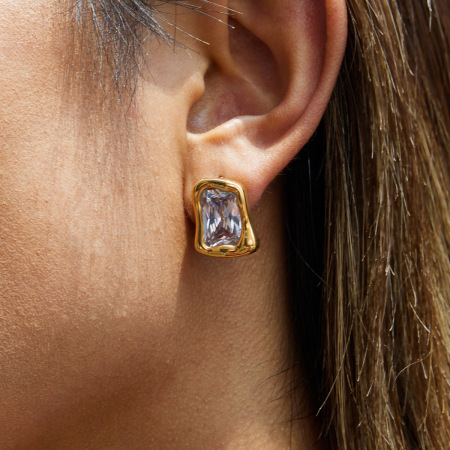 Boucles d'oreilles puces pour femme, 1 paire, forme rectangulaire, zircon, acier inoxydable étanche, couleur or. 2