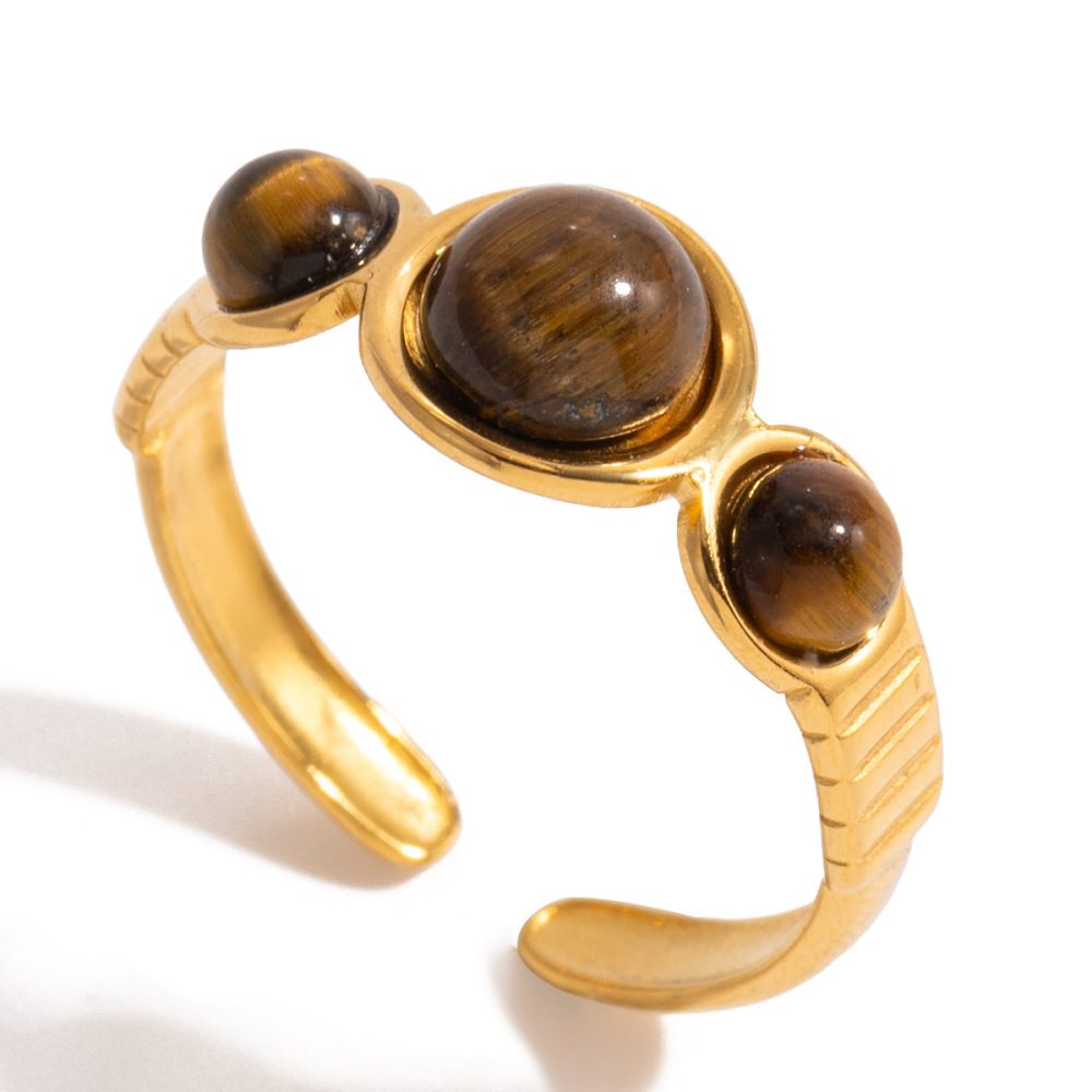 Bague Rétro Ronde En Acier Inoxydable Étanche Couleur Or Avec Pierre Naturelle Pour Femme (1 Pièce) 
