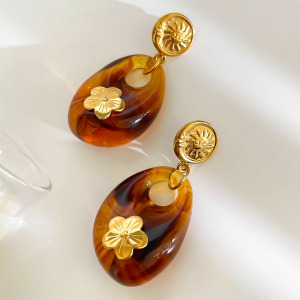 1 Paire De Boucles D'Oreilles Pendantes En Résine Couleur Or Avec Fleur En Forme De Goutte h5 Image4