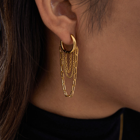 1 Paire De Boucles D'Oreilles Créoles Pour Femme, En Acier Inoxydable Imperméable, Couleur Or, Ornées De Pompons Délicats.